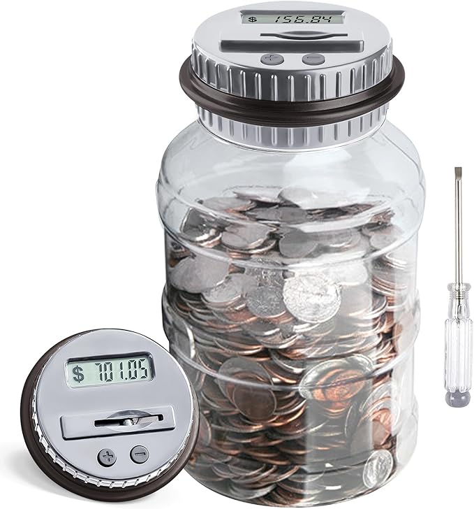 Large Piggy Bank for Boys Adults, Vcertcpl Digital Coin Counting Bank with LCD Counter, 1.8L Capacity Coin Bank Money Jar for Adults, Designed for All US Coins (Gray)