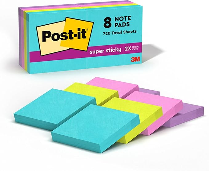 Post-it Super Sticky Notes, 8 Sticky Note Pads, 1.875 x 1.875 in., School Supplies, Office Products, Sticky Notes for Vertical Surfaces, Monitors, Walls and Windows, Supernova Neons Collection