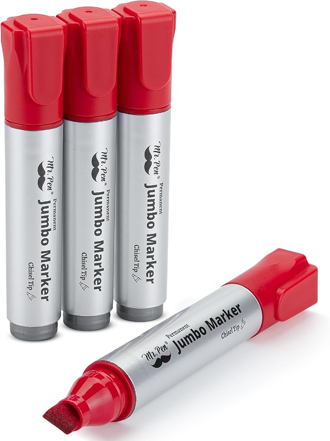 Mr. Pen- Jumbo Permanent Markers, 4 Pack, Red, Chisel Tip, Large Permanent Markers, Color Permanent Markers Set, Jumbo Markers, Permanent Markers, Huge Poster Markers Jumbo, Thick Markers