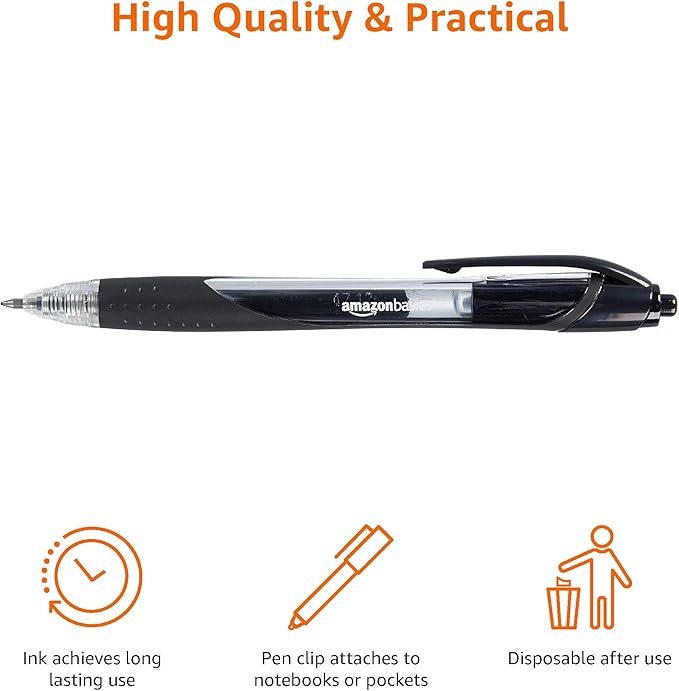 Amazon Basics Retractable Gel Ink Pens, Fine Point, Smooth Writing, Black, 12-Pack