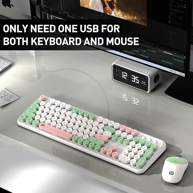 Keyboard and Mouse Wireless,2.4Ghz Retro Typewriter Style Round Keycap,Full Size Wireless Keyboard Mouse Combo,Cute Cordless Keyboard Mouse Set for PC Laptop Desktop Computer-Milk White Green Colorful