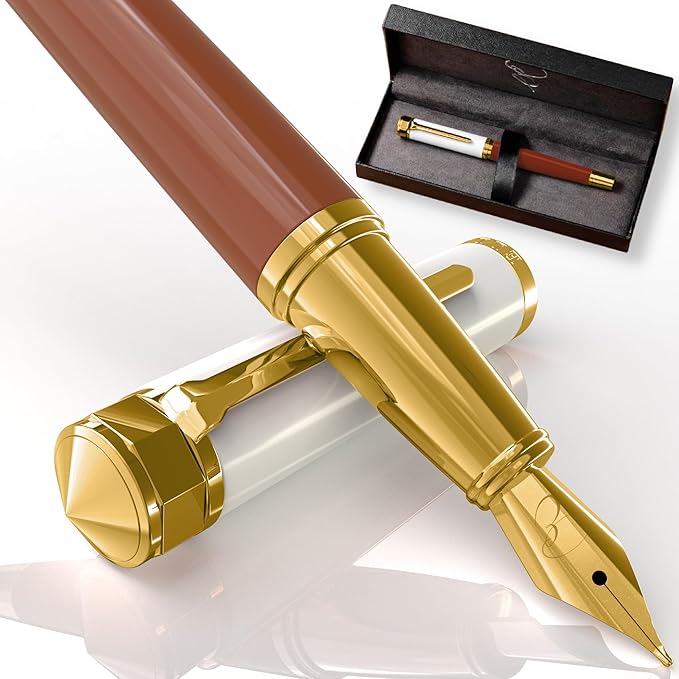 Luxury Fountain Pen Set- Fountain Pens for Writing - Smooth Extra Fine Nib - Includes Refillable Ink Converter, 3 Ink Cartridges [Black & Blue], Gift Box - Elegant Calligraphy