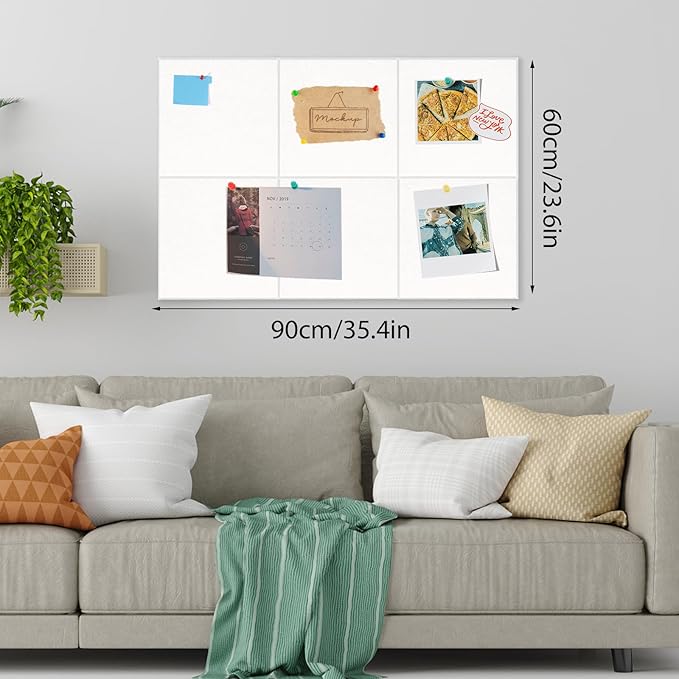 Large Cork Board 36" x 24", 6 Pack Felt Wall Tiles with Colored Pushpins, Bulletin Board with Removable Self-Adhesive Strips, Pin Board Cork Boards for Walls Office Home-White