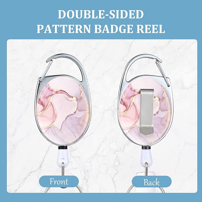 Badge Reels Retractable，Double Sided Color Print Pattern Badge Holders，with Keychain, Clip and Key Ring，Durable Nylon Rope，Pink Marble