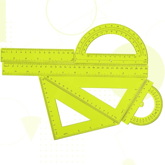 Tenare 6 Pcs Plastic Ruler Math Set Includes 12 Inch 6 Inch Straight Protractor Triangle Geometry Transparent Math Ruler Measuring Tools for School Office Home(Yellow)