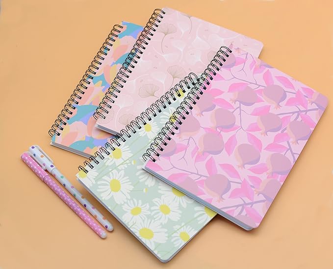 Yansanido Spiral Notebook, 4 Pcs A5 Thick Leaves Design Hardcover 8mm Ruled 4 Color 80 Sheets -160 Pages Journals for Study and Notes (Leaves)