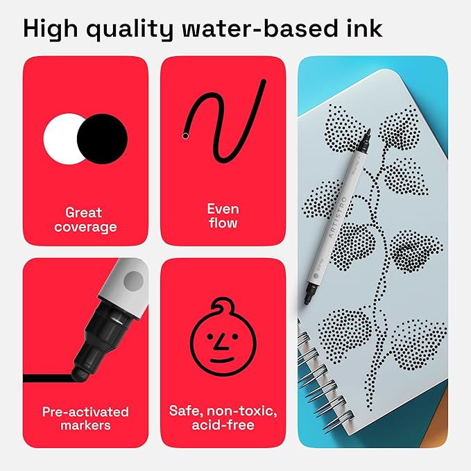 ARTISTRO 2 Black Dual-Tip Acrylic Paint Pens - Multisurface Markers for Fabric, Plastic, & More, 5mm Dot + 1mm Fine Tips