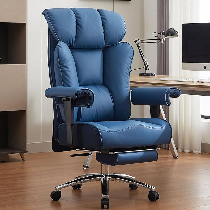 Efomao Ergonomic Office Chair 450LBS with Foot Rest, High Back PU Leather Big and Tall Executive Chair with Adjustable Padded Armrests, Lumbar Support for Home or Work, Heavy Duty Computer Chair, Blue
