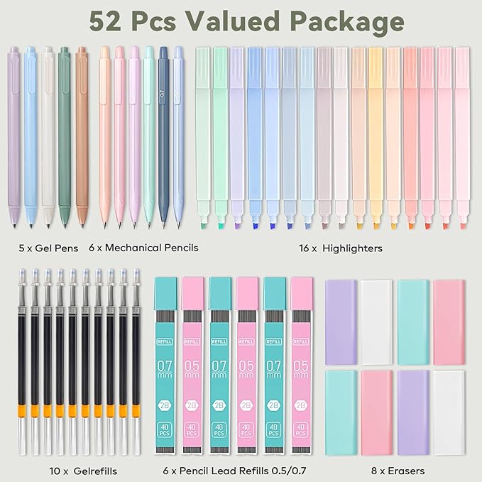 52 PCS Aesthetic School Supplies with Cute Pencil Case, Stationery Essentials with Pens Pencils and Pastel Highlighters Set, College Back to School Supplies for Teen Girls, Office Supplies - Green