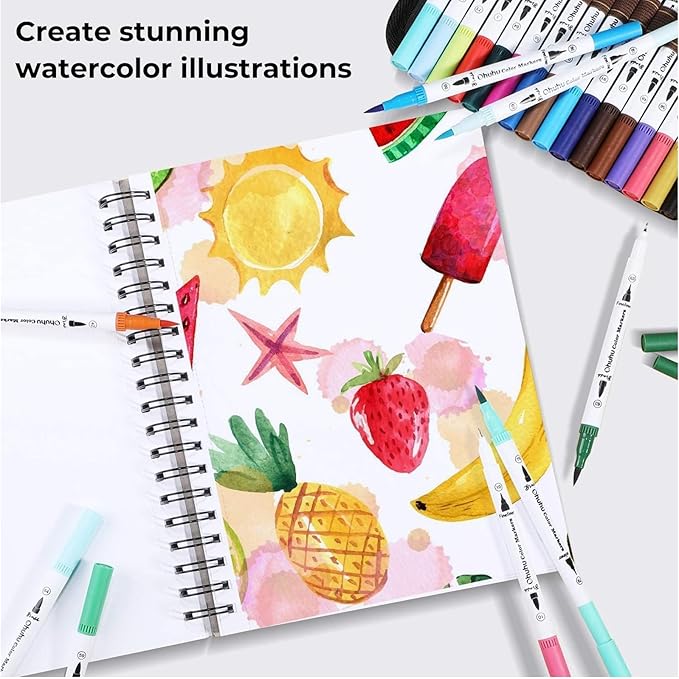 Ohuhu Markers for Adult Coloring Books No Bleeding 100 Colors Coloring Markers Water-based Dual Tips Fineliner & Brush Drawing Pens Art Markers for Kids Adults Sketch Journal - Maui - White