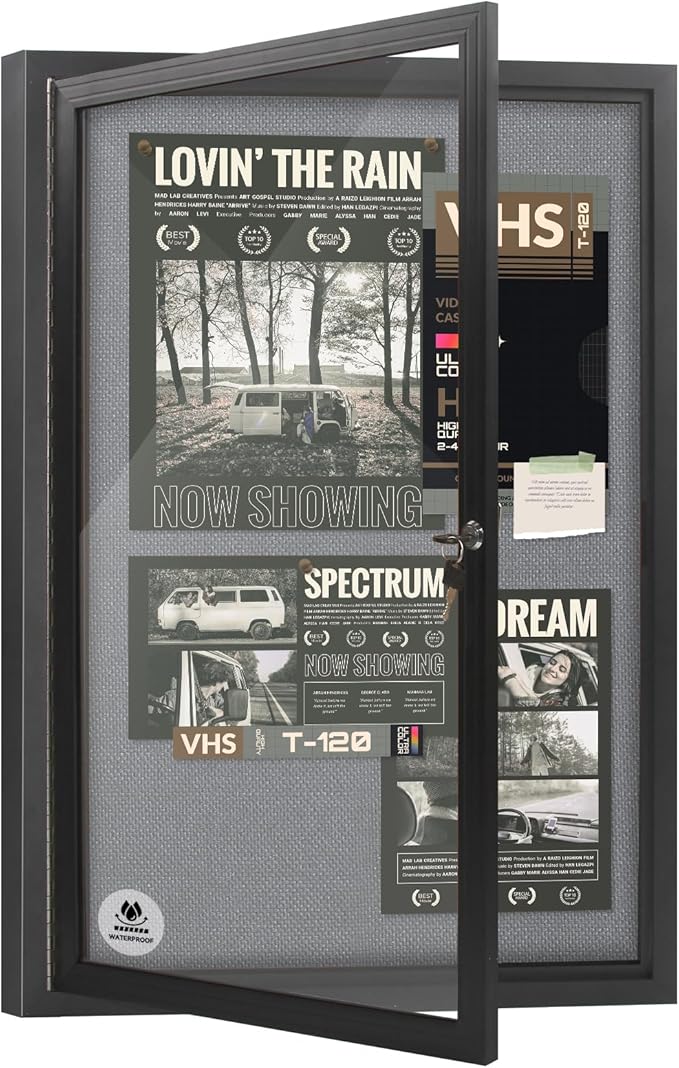 Lockable Outdoor Enclosed Bulletin Board,Weatherproof Cork Noticeboard with Locking Door, Wall-Mounted Aluminum Frame Display Case for Office, Home, School (Black Frame | Greyfelt Surface, 36x24 inch)