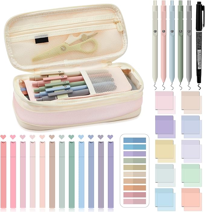 Jutom 39 Pcs Aesthetic Book Annotation Kit Pencil Case Bag with Highlighter Gel Pen 700 Sheets Transparent Sticky Notes Pads Index Tab Bible Study Supplies for School(Pink,Cute Style)