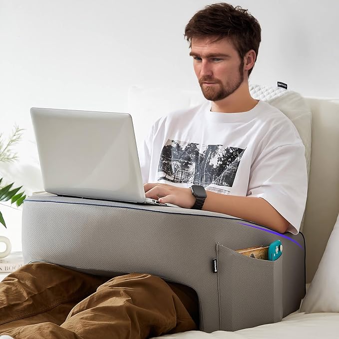 Soft Lap Desk Pillow for Adult, Extra Large Reading Pillow with Pocket, Arm Rest Pillow, Memory Foam Bed Rest Pillow can Reading, Working in Bed Floor Sofa (Grey)