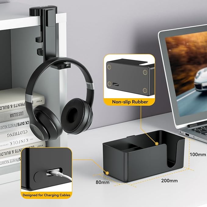 KDD 4 in 1 Desk Cup Holder - Clamp on Under Desk Headphone Hanger - Rotating Headphone Holder Detachable Pen Cup Holder Desk Storage for Cup, Phone and Pen(Black)