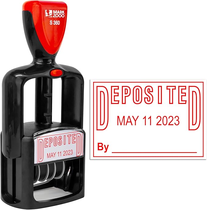 Self-Inking Rubber Date Office Stamp with Deposited Phrase - Red Ink - 12-Year Band