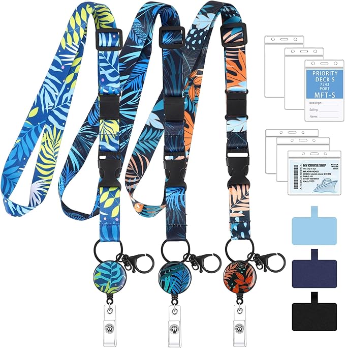 BESARME 3 Pack Cruise Lanyards for Ship Cards, Adjustable Lanyards with Retractable Badge Reel, 6 Pack Waterproof ID Badge Holder and 3 Pack Phone Tether Tab, Style a