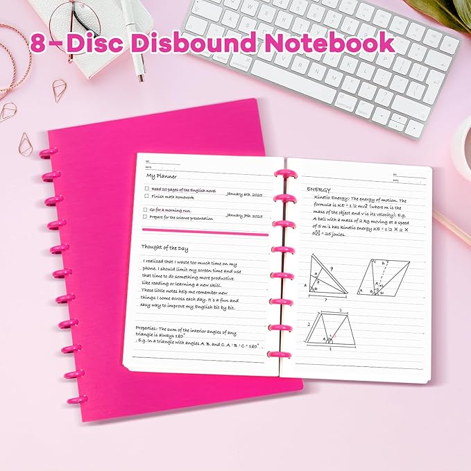 Discbound Notebook, 8-Disc Disbound Planner with Removable Pages, 180 Pages Spiral Notebook, Poly Cover Discbound Planner for Work, Travel, Note Taking(With Index Sticker),Rose Red,A4