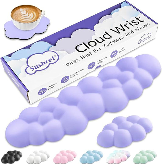 Cloud Wrist Rest Keyboard, Cloud Palm Rest Set with PU Leather Memory Foam, Cute Keyboard Rest for Wrist Support and Arm Rest, Desk Cloud Wrist Pad for PC/Gaming/Hand Cushion/Computer-Purple