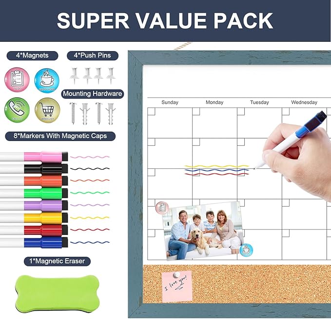 Whiteboard Calendar & Corkboard for Wall, 17"x13" Dry Erase Monthly Calendar with Wood Framed, Magnetic White Board Cork Board Combo, Calendar Bulletin Board for Home Office Kitchen Memo Planner