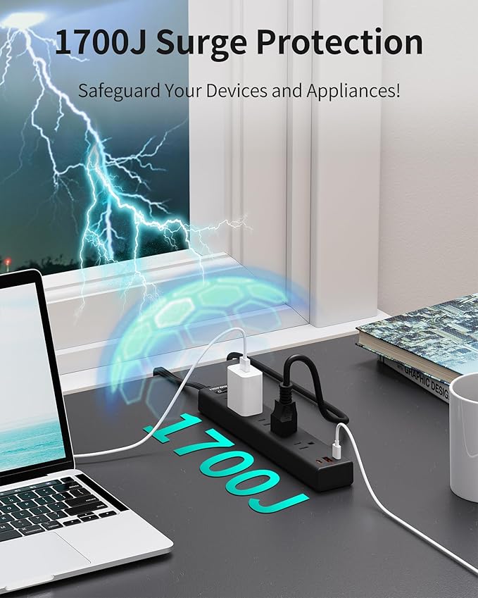 Power Strip Surge Protector, 10 Ft Ultra Flat Extension Cord, Surge Protector with 5 Outlets & 3 USB Ports (2 USB C), 1700 Joules, Wall Mount, Desktop Charging Station for Home Office, Black