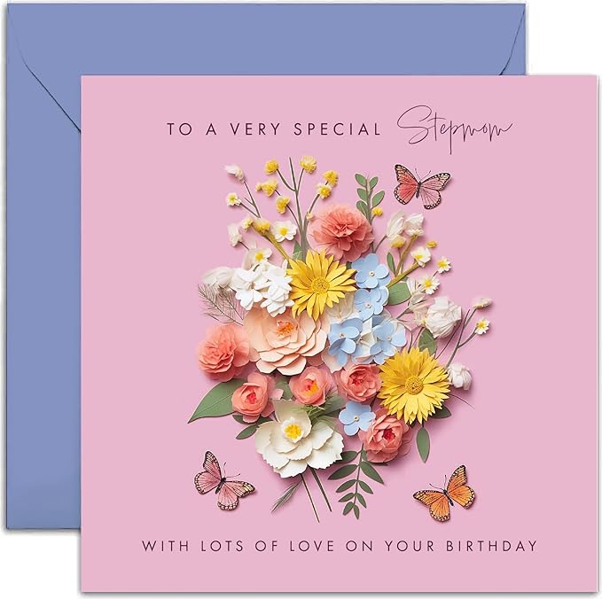 Old English Co. Special Stepmom Birthday Card for Her - Pink Flower Butterfly Artwork Birthday Card from Stepchildren - Cute Stepmom Birthday Card | Blank Inside Envelope