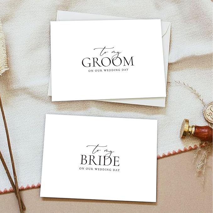 Set of 2 Wedding Cards for Bride and Groom with Matching Envelopes, To My Bride on our Wedding Day Card, To My Groom on our Wedding Day Card.（Groom/Bride A）