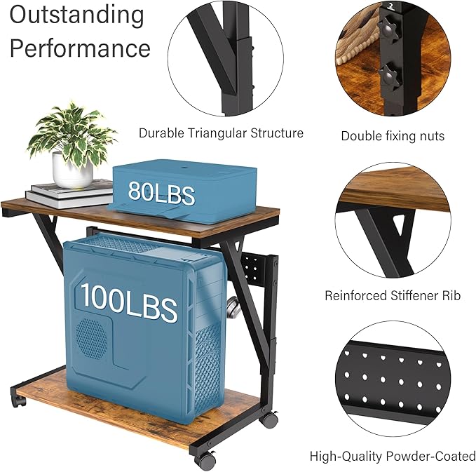 Computer Tower Cart - Height Adjustable PC Stand, 2-Tier ATX-Case CPU Holder Home Office Gaming Desk Accessories with Rolling Lockable Wheels, Laptop Table Standing Computer Desk, Rustic Brown