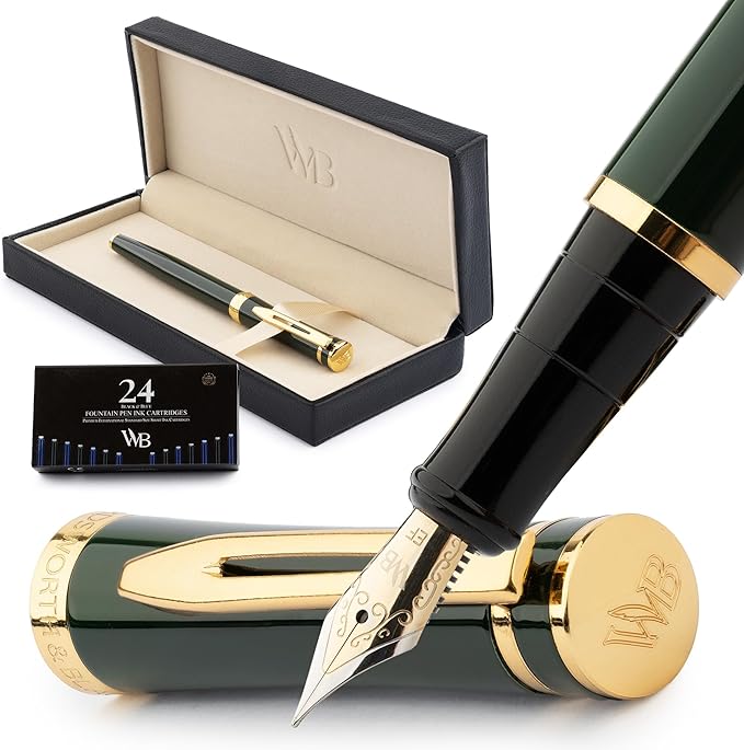 Wordsworth & Black Fountain Pen Set, 18K Gilded Extra Fine Nib, Includes 24 Pack Ink Cartridges, Ink Refill Converter & Gift Box, Gold Finish, Calligraphy, [Racing Green], Perfect for Men & Women