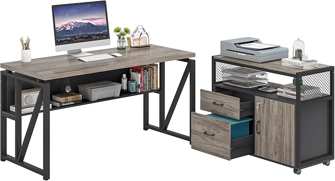 Tribesigns Office Desk with Drawers Sets, 55 inches L Shaped Computer Desk with Mobile File Cabinet,Big Executive Desk for Home Office Furniture Sets (Dark Oak, 55-inch)