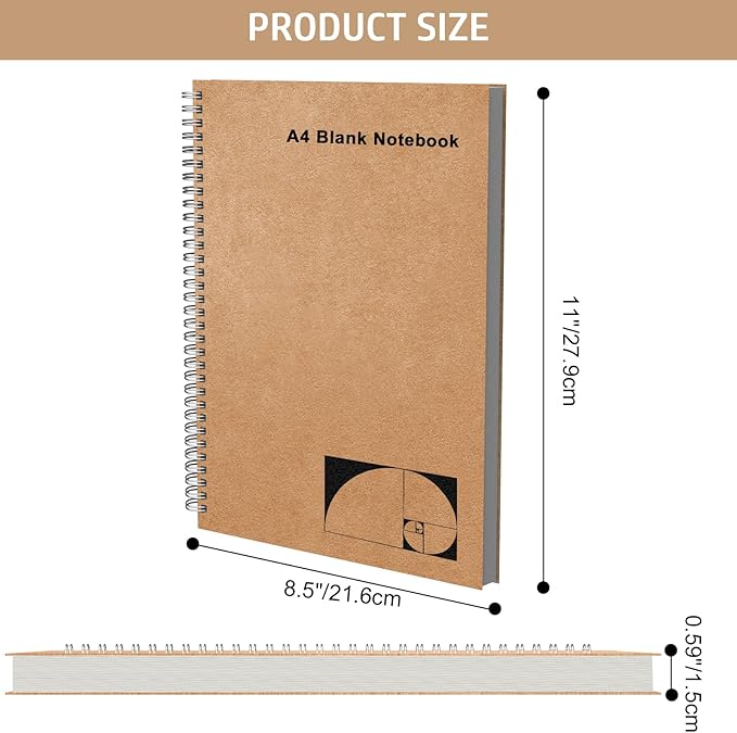 A4 Blank Journal Notebook, 2 Pack Large Spiral Sketchbook for Drawing, 200 Pages 100gsm Thick Unlined Blank Page Journal for Sketching Writing Taking Note and More - Kraft Brown Cover, 8.5" x 11"