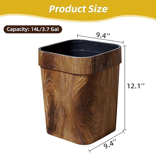 Wood Grain Plastic Trash Can Bedroom, Square 2-Pack, 3.7 Gal Farmhouse Wastebasket Bin Retro Style, Brown Trash Can for Room Aesthetic, Open Top Garbage Can for Office, Living Room, Hotel, Bathroom