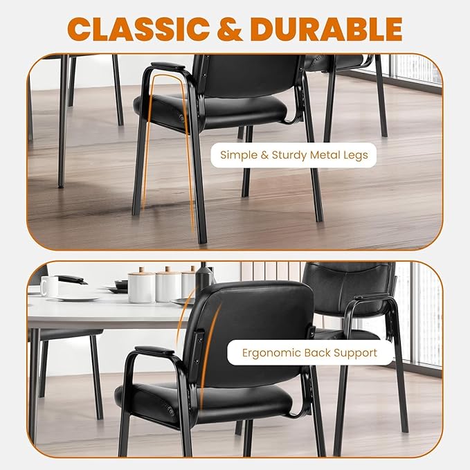 Sweetcrispy Office Reception Guest Chair No Wheels Set of 4, Leather Stationary Waiting Room Chairs with Padded Arms for Elderly Desk Conference Room Lobby Table Side Salon