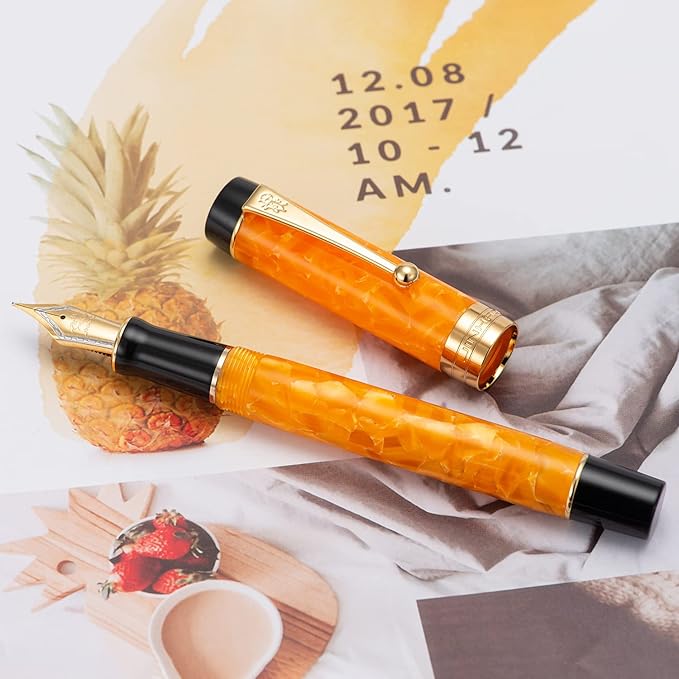 Jinhao 100 Fountain Pen Celluloid Classic Style, #6 Nib Smooth Writing Instrument with Refillable Converter and Pen Case Set