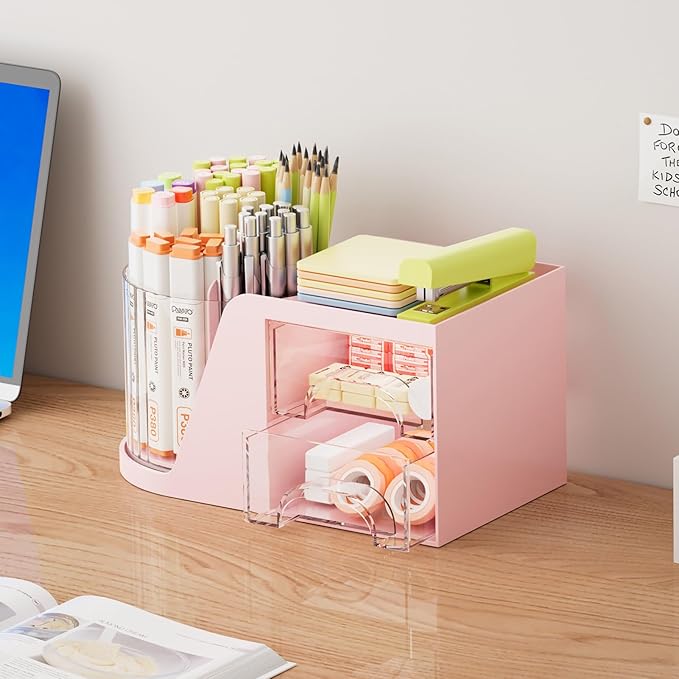 Marbrasse Desk Organizer with 2 Drawer, 360°Rotating Pen Holder for Desk, Desk Organizers and Accessories with 6 Slots Pencil Organizer + 2 Drawer, Art Supply Storage Box Caddy for Office (Pink)