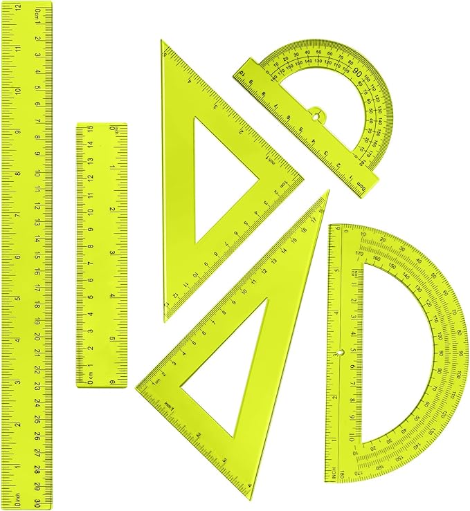 Tenare 6 Pcs Plastic Ruler Math Set Includes 12 Inch 6 Inch Straight Protractor Triangle Geometry Transparent Math Ruler Measuring Tools for School Office Home(Yellow)
