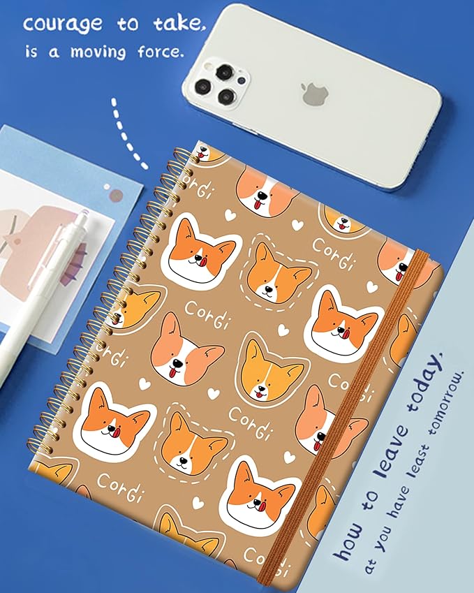 Ruled Spiral Writing Notebook,A5 Hardcover Lined College Journal for Women Lady Girl,Cute Strong Twin-Wire Binding with Premium Paper,8.4" X 6",Perfect for School,Office,Home Gifts(Cartoon Corgi Dog)