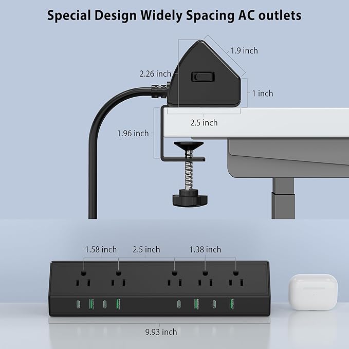 45W Fast Charging Station,Desk Clamp Power Strip,4 PD USB-C Ports,5 AC Outlets,Surge Protector Power Strip, 14AWG Heavy Duty Cord, Fits 1.9" Tabletop Edge (Black, 10 FT Cable)