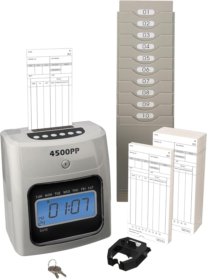 Nile Products - 4500PP Electronic Calculating Time Clock [4500PPK1], Small Business Bundle Includes: 125 Time Cards,1 Ink Ribbon, 2 Security Keys and 1 Ten Pocket Card Rack