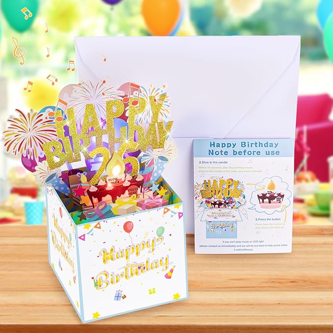 Tnvee 26TH Birthday Cards with Lights & Music & Candle, 3D Pop Up Singing Happy Birthday Greeting Cards Gfits for 26 Years Old Girl Boy Friends