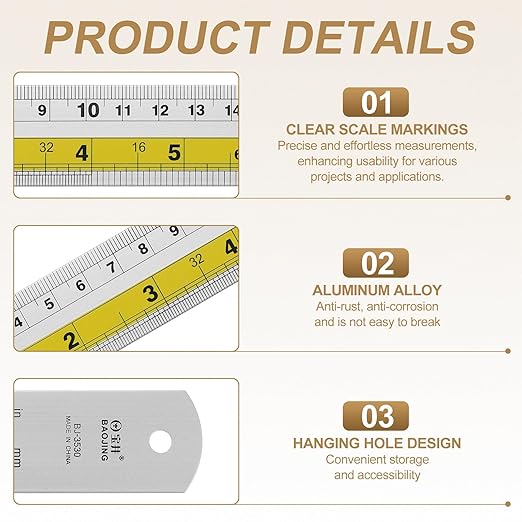 HARFINGTON 4pcs Metal Straight Ruler 20cm Metric SAE Aluminum Alloy Measuring Rulers Scale Tool with Hole for Measure Study Reading Classroom Office, Yellow