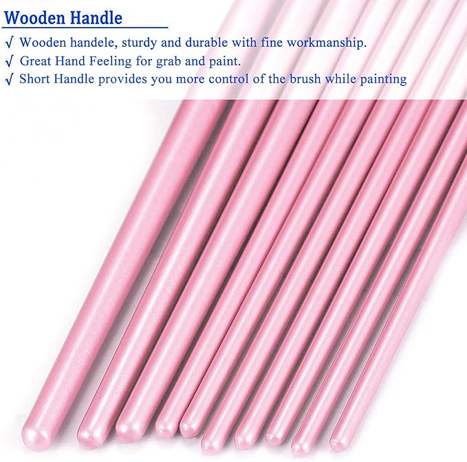 BOSOBO Paint Brushes Set, 10 Pieces Round Pointed Tip Paintbrushes Nylon Hair Artist Acrylic Paint Brushes for Acrylic Oil Watercolor, Face Nail Body Art, Miniature Detailing & Rock Painting, Pink