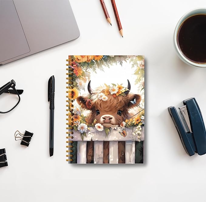 Floral Highland Cow Notebook - Western Cow Notebook, Highland Cow Office Supplies, Highland Cow Gifts, Cow Lover Gifts, Cute Cow Stuff, Cute Daisy Flower Highland Cow Spiral Notebook 5.5x8.3