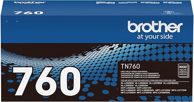 Brother Genuine TN760 High Yield Black Toner Cartridge, (For use with MFC-L2710DW MFC-L2750DW HL-L2350DW HL-L2370DW HL-L2395DW HL-L2390DW DCP-L2550DW Printers)