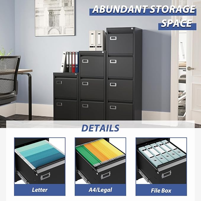 3-Drawer File Cabinet, Locking Metal Vertical File Storage for Home Office, Black, 15" W x 17.7" D x 38.6" H