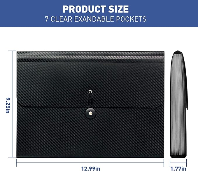 7 Pocket Expanding File Folder with Tab Inserts, Accordian File Organizer Document Receipt Organizer, Accordion Folder File Keeper A4 Letter Size, for School Home Office, Black(Pack of 3)