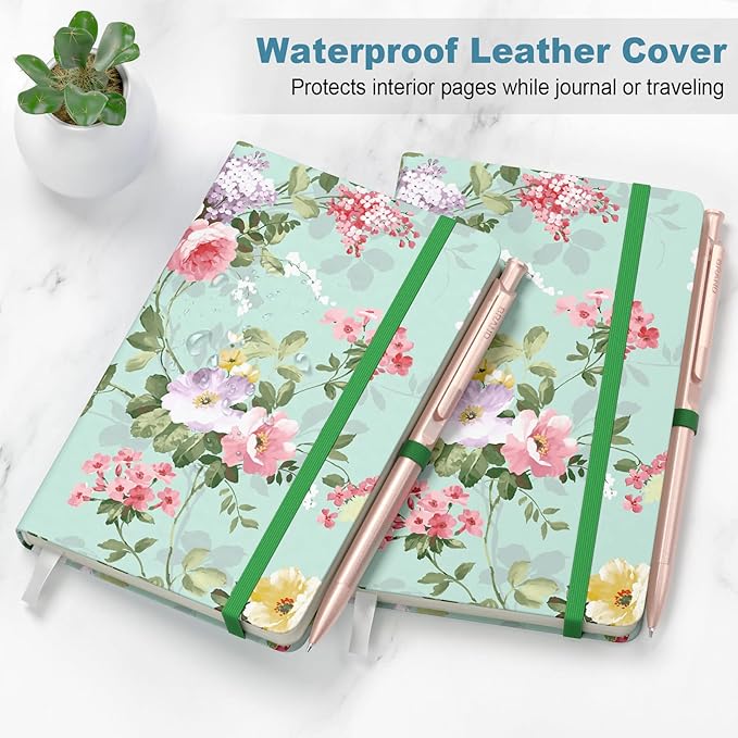 Small Notebook, Mini Pocket Journal A6 5.7" x 3.9", Leather Hardcover Journal with Pen Holder, 160 Thick Papers, Cute Lined Notebook Small Notepad for Women Writing Work Travel, Graceful Peony