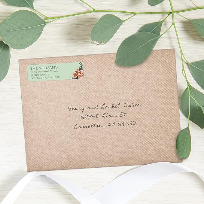 Mint and Pink Floral Rolled Address Labels/Roll of 500 Personalized Return Address Labels/Designer Return Address Stickers in Elegant Plastic Dispenser