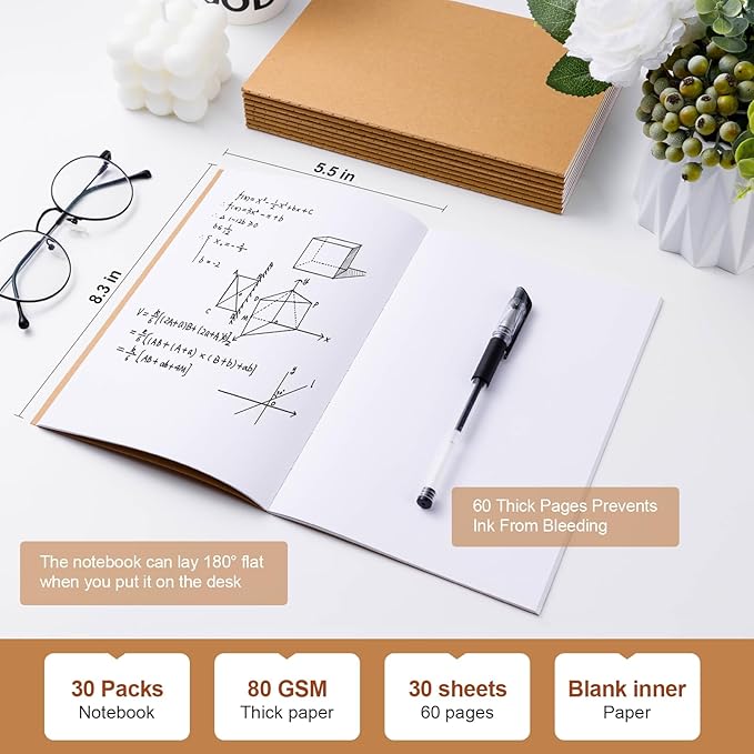 30 Pack A5 Unline Kraft Notebooks, 8.3x5.5inch Blank Journal Notebook Bulk for Drawing & Writing, Small Blank Paper Sketchbook Travel Journal Set for Adult, Paint Beginner and Student, 60 Pages