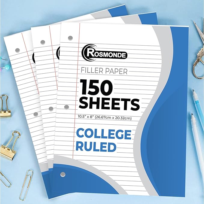 Loose Leaf Paper, 450 Sheets, 3 Pack, College Ruled Paper, 8" x 10.5", Bulk Office Filler Paper, 3 Hole Punched, 150 Sheets/Pack, 56 gsm Paper, College Ruled Notebook Paper for Binder, White
