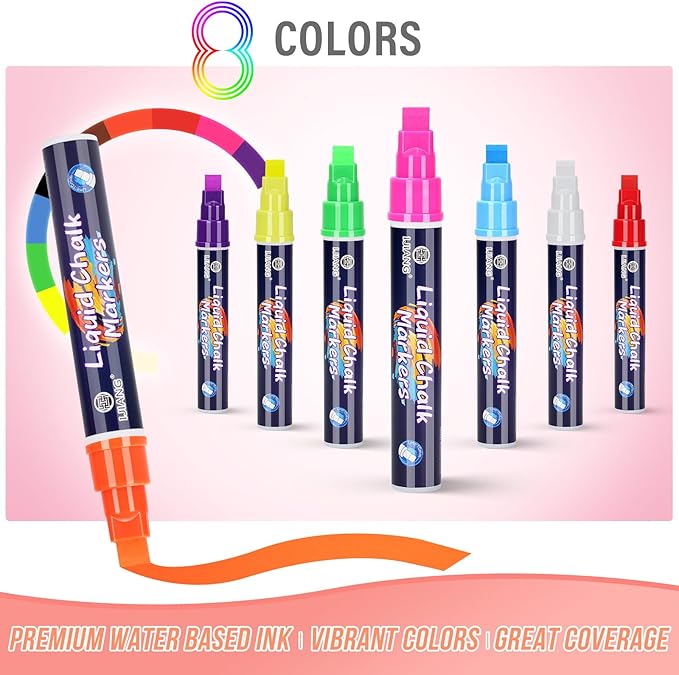 Window Chalk Markers Washable, Neon 8 Colors Jumbo Chalk Marker Car Glass Erasable, Liquid Chalk Pens with 10mm Thick Tips for Chalkboard, Windows, Glass, Mirror, Auto, Poster, Bistro, Cars of DIY
